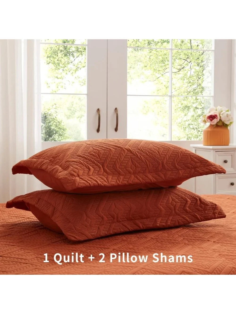 King Size 3-Piece Lightweight Quilt Set, Soft Microfiber Burnt Orange Coverlet